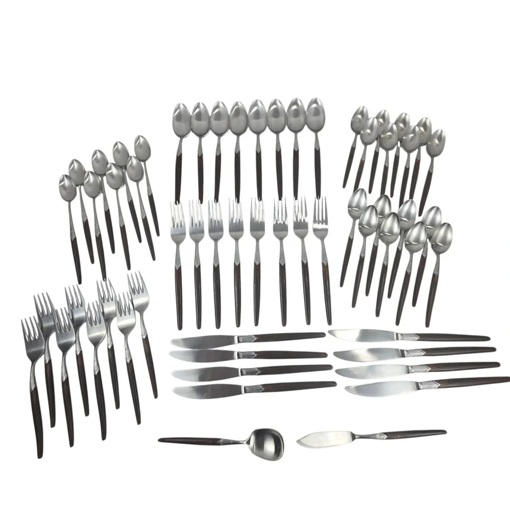 Stanley Roberts Holiday Stainless Flatware MCM Faux Wood Handle Brown 58pc Japan